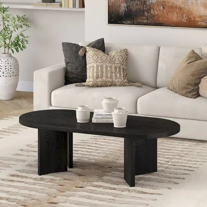 Table basse ovale chêne gris vieilli / grain noir / aulne blanc