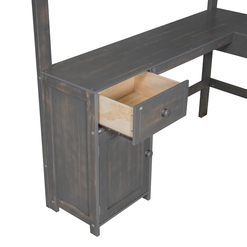 Lit mezzanine grand format blanc/marron antique avec bureau en U, tiroirs et étagères – 1 personne