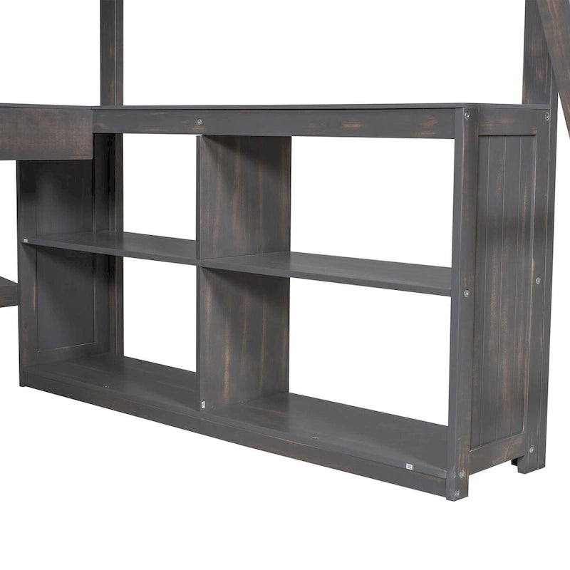 Lit mezzanine grand format blanc/marron antique avec bureau en U, tiroirs et étagères – 1 personne