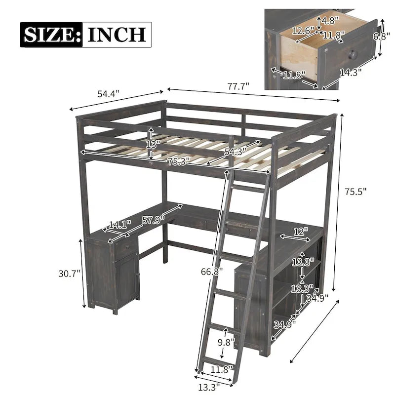 Lit mezzanine grand format blanc/marron antique avec bureau en U, tiroirs et étagères – 1 personne