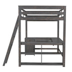 Lit mezzanine grand format blanc/marron antique avec bureau en U, tiroirs et étagères – 1 personne