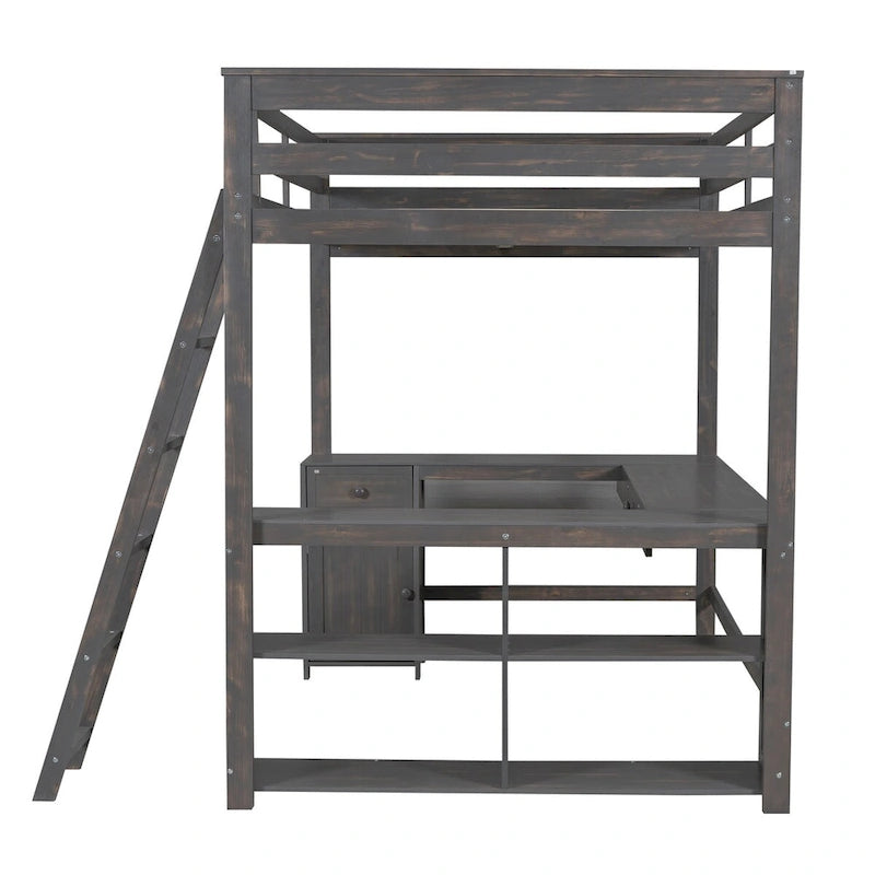 Lit mezzanine grand format blanc/marron antique avec bureau en U, tiroirs et étagères – 1 personne