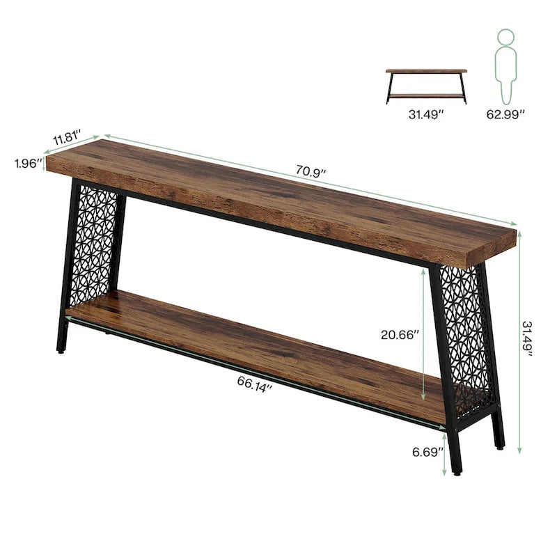 Console 2 niveaux marron et noir, style industriel, assemblage par 1 personne
