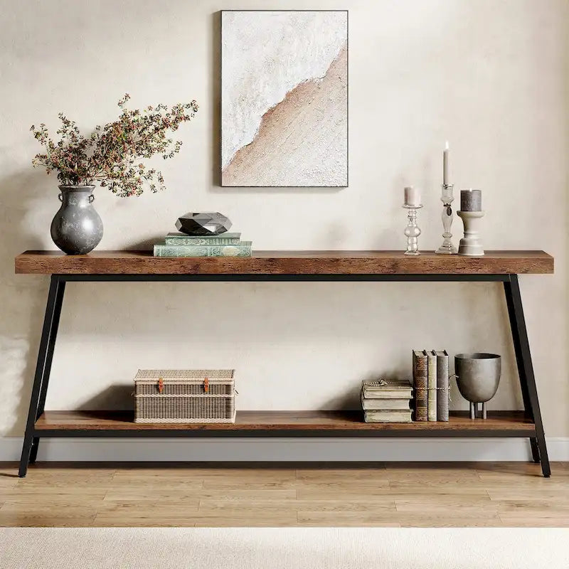Console 2 niveaux marron et noir, style industriel, assemblage par 1 personne
