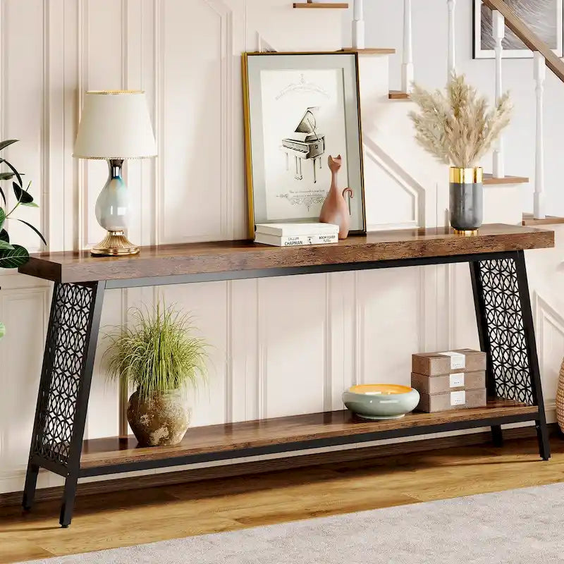 Console 2 niveaux marron et noir, style industriel, assemblage par 1 personne