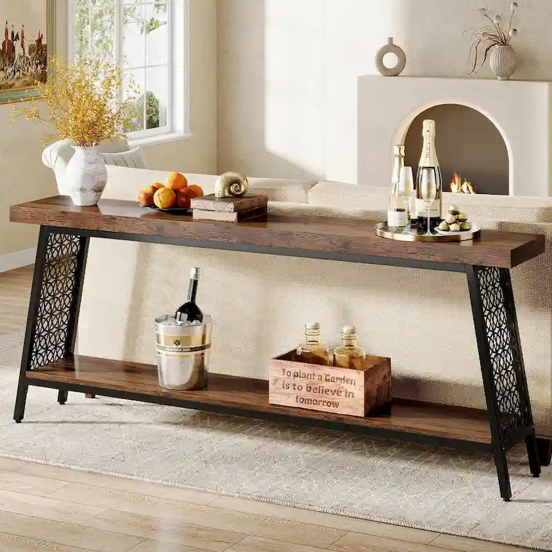 Console 2 niveaux marron et noir, style industriel, assemblage par 1 personne