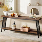 Console 2 niveaux marron et noir, style industriel, assemblage par 1 personne