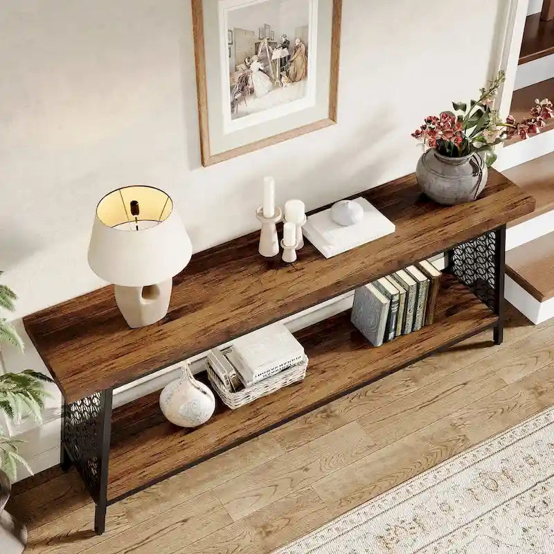 Console 2 niveaux marron et noir, style industriel, assemblage par 1 personne