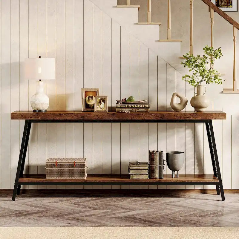 Console 2 niveaux marron et noir, style industriel, assemblage par 1 personne