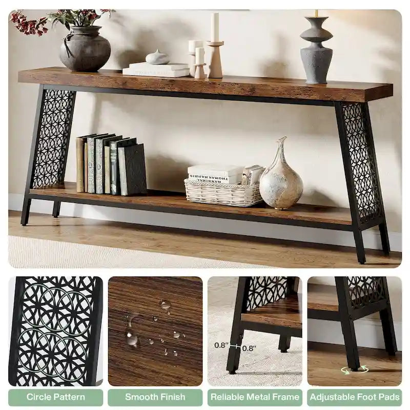 Console 2 niveaux marron et noir, style industriel, assemblage par 1 personne