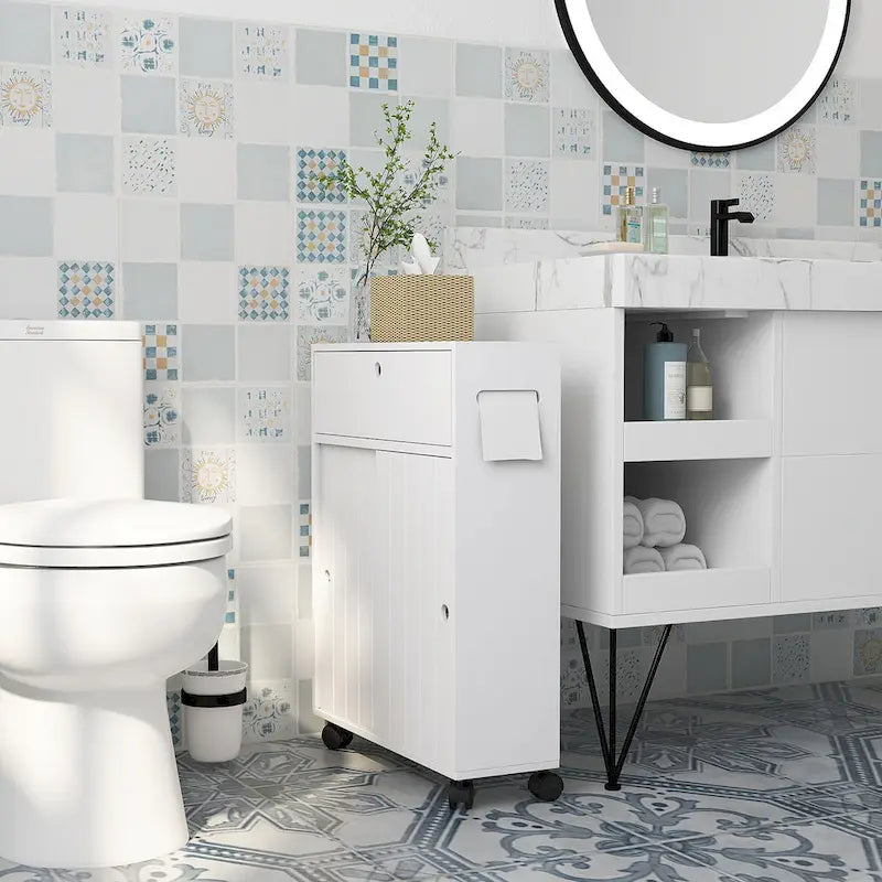 kleankin Toilet Paper Cabinet, Slim Bathroom Cabinet with 4 Rolling Wheels, Small Bathroom Storage Cabinet with Paper Holes