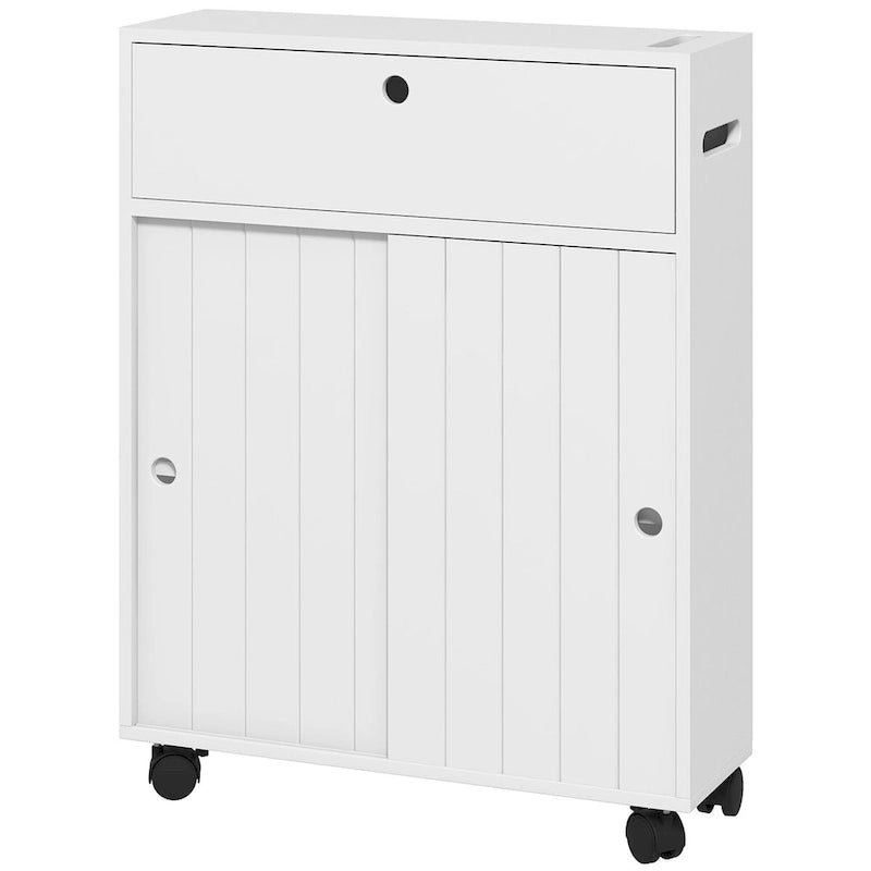Meuble de rangement de salle de bain fin blanc avec roulettes, utilisation individuelle