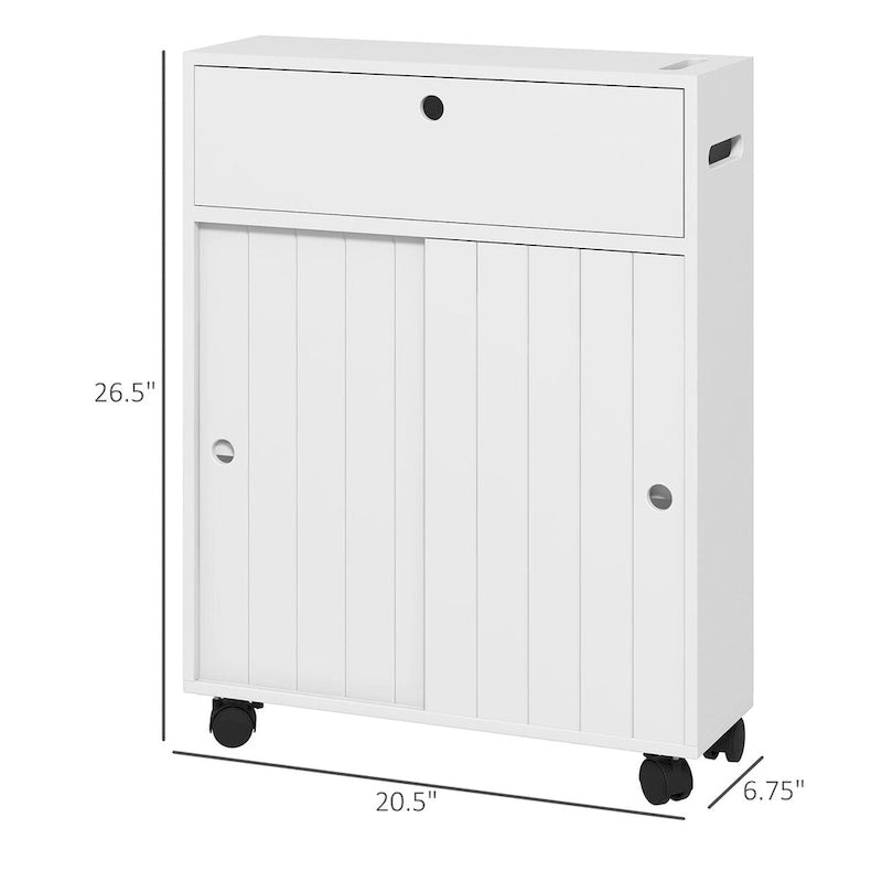 Meuble de rangement de salle de bain fin blanc avec roulettes, utilisation individuelle