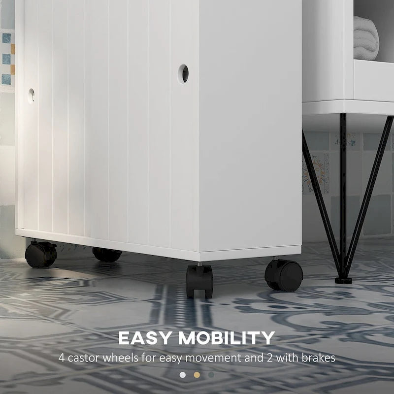 Meuble de rangement de salle de bain fin blanc avec roulettes, utilisation individuelle