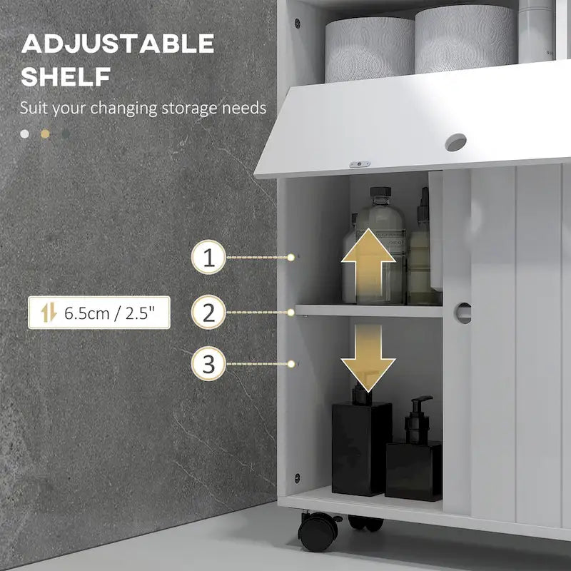Meuble de rangement de salle de bain fin blanc avec roulettes, utilisation individuelle