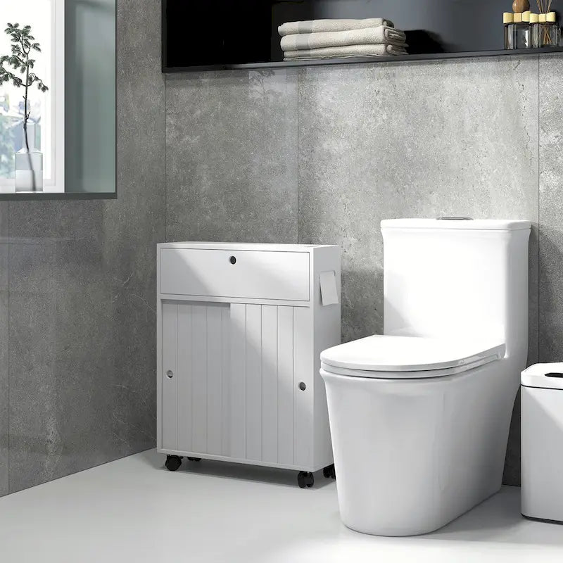 Meuble de rangement de salle de bain fin blanc avec roulettes, utilisation individuelle