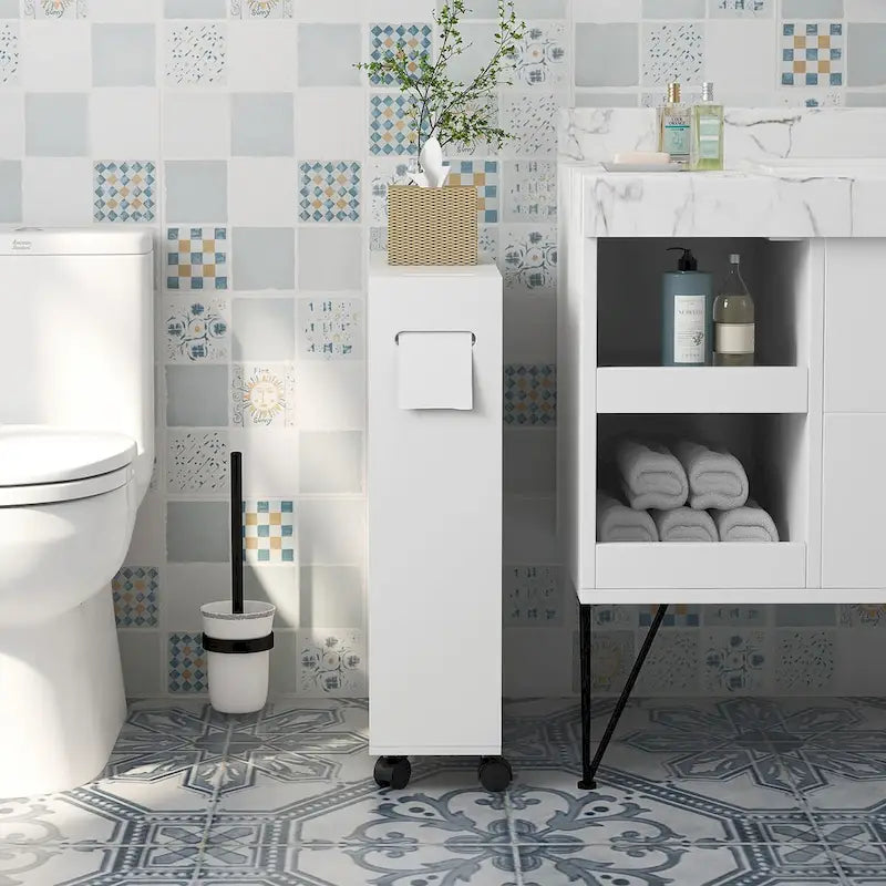 Meuble de rangement de salle de bain fin blanc avec roulettes, utilisation individuelle