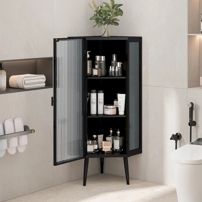 Meuble d'angle à 3 étagères avec porte vitrée – Noir / Blanc, Fer et Verre trempé