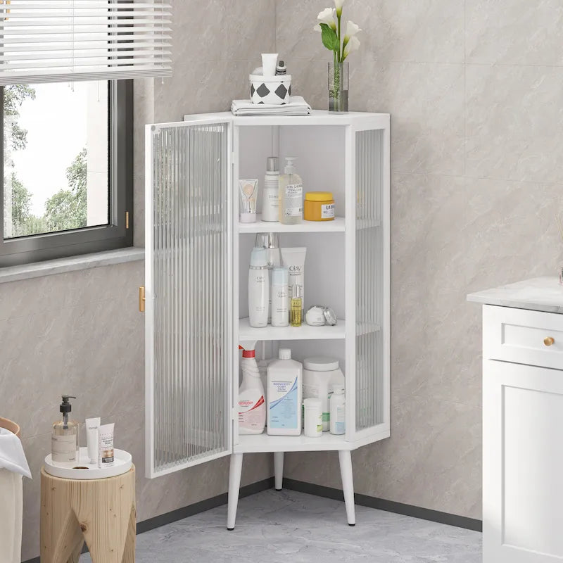 Meuble d'angle à 3 étagères avec porte vitrée – Noir / Blanc, Fer et Verre trempé