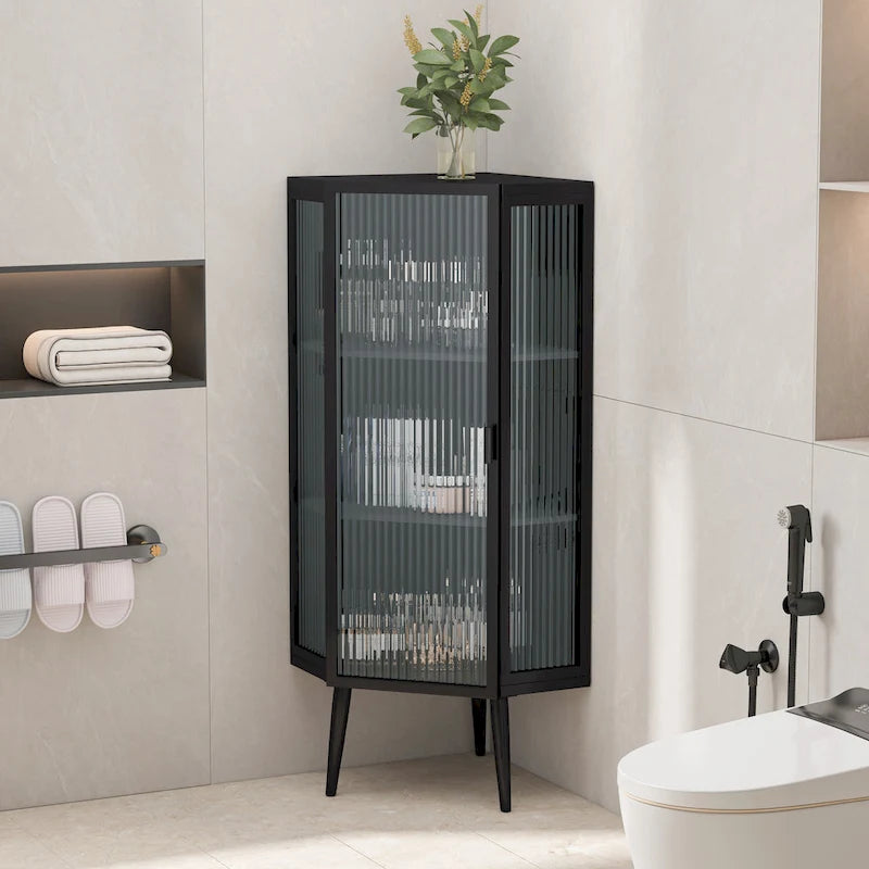Meuble d'angle à 3 étagères avec porte vitrée – Noir / Blanc, Fer et Verre trempé