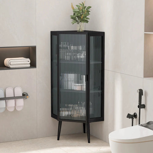 Meuble d'angle à 3 étagères avec porte vitrée – Noir / Blanc, Fer et Verre trempé
