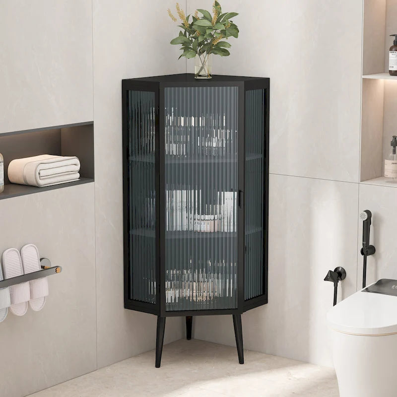 Meuble d'angle à 3 étagères avec porte vitrée – Noir / Blanc, Fer et Verre trempé