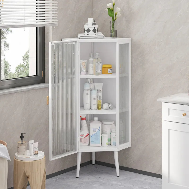 Meuble d'angle à 3 étagères avec porte vitrée – Noir / Blanc, Fer et Verre trempé
