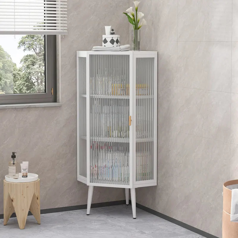 Meuble d'angle à 3 étagères avec porte vitrée – Noir / Blanc, Fer et Verre trempé