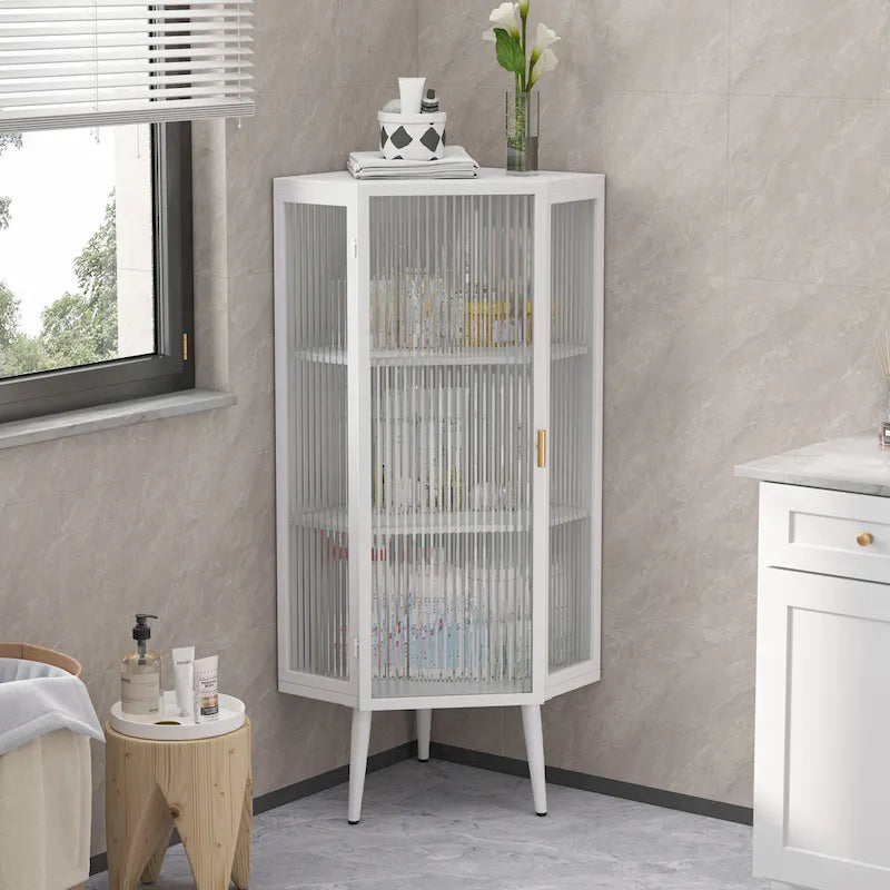 Meuble d'angle à 3 étagères avec porte vitrée – Noir / Blanc, Fer et Verre trempé