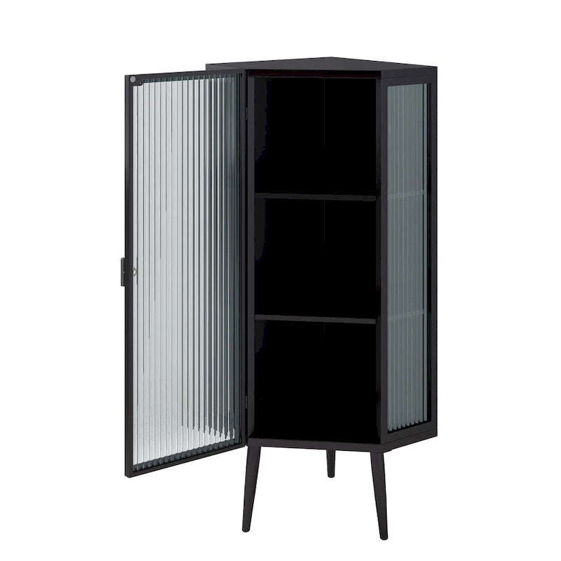 Meuble d'angle à 3 étagères avec porte vitrée – Noir / Blanc, Fer et Verre trempé