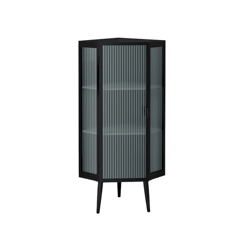 Meuble d'angle à 3 étagères avec porte vitrée – Noir / Blanc, Fer et Verre trempé