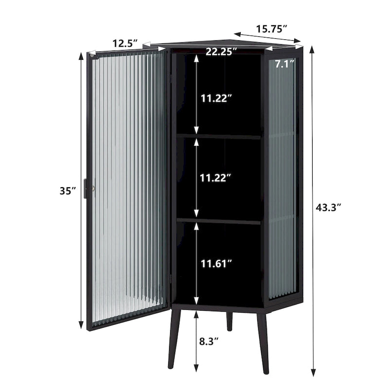 Meuble d'angle à 3 étagères avec porte vitrée – Noir / Blanc, Fer et Verre trempé