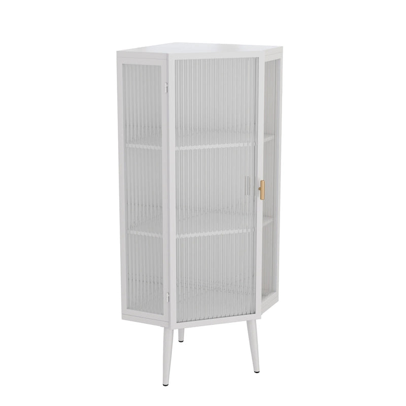 Meuble d'angle à 3 étagères avec porte vitrée – Noir / Blanc, Fer et Verre trempé