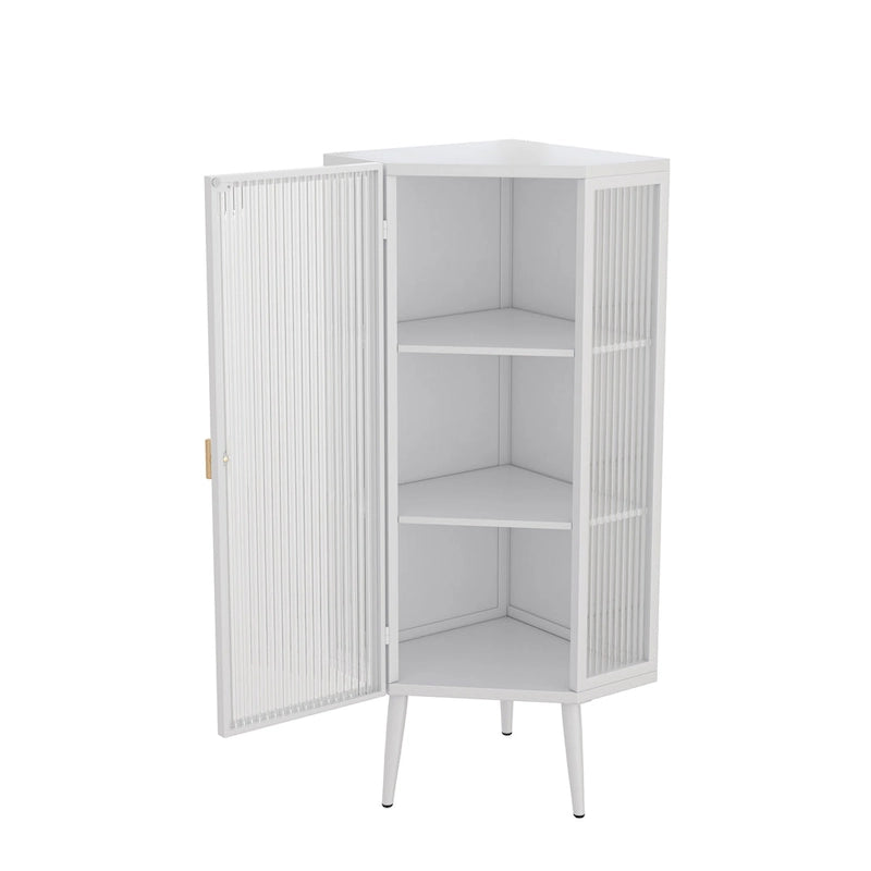 Meuble d'angle à 3 étagères avec porte vitrée – Noir / Blanc, Fer et Verre trempé