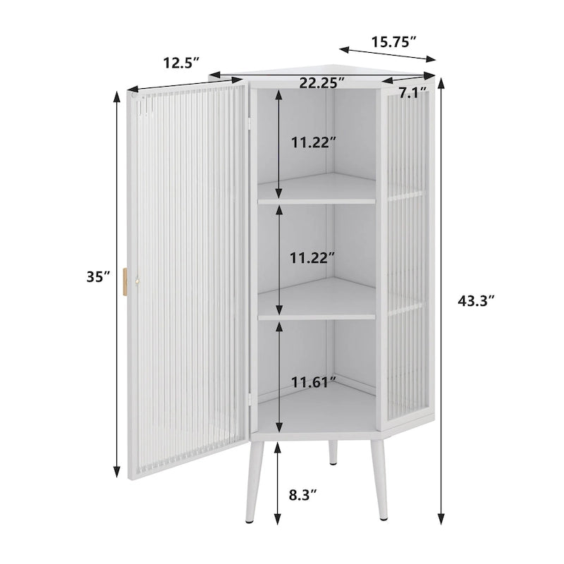 Meuble d'angle à 3 étagères avec porte vitrée – Noir / Blanc, Fer et Verre trempé