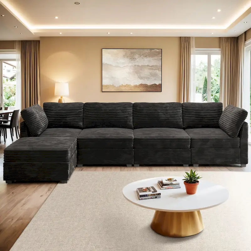Canapé 3 places en velours gris/noir/beige à assise profonde avec ottoman