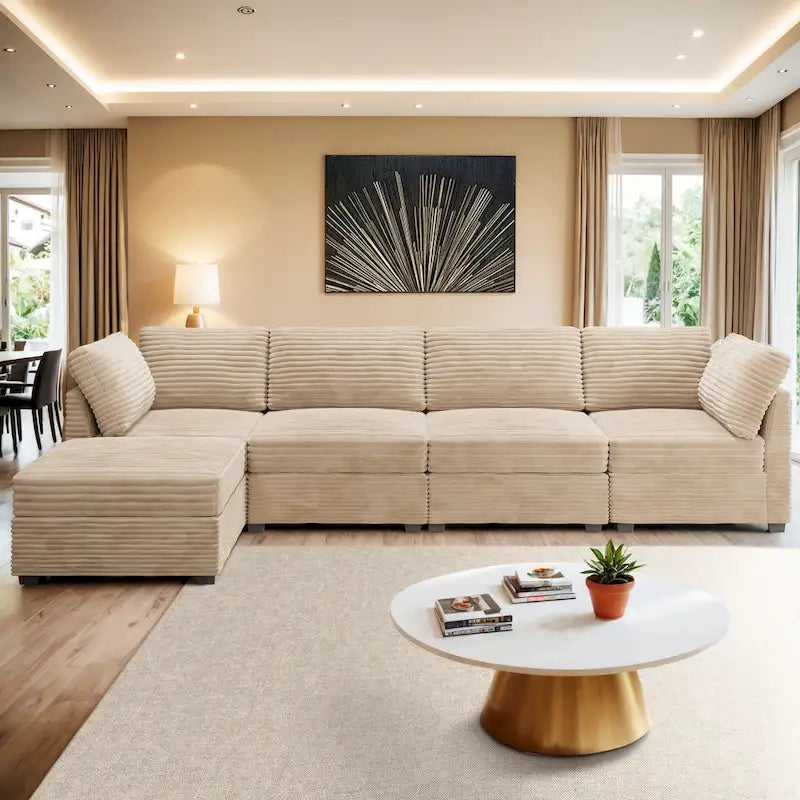 Canapé 3 places en velours gris/noir/beige à assise profonde avec ottoman