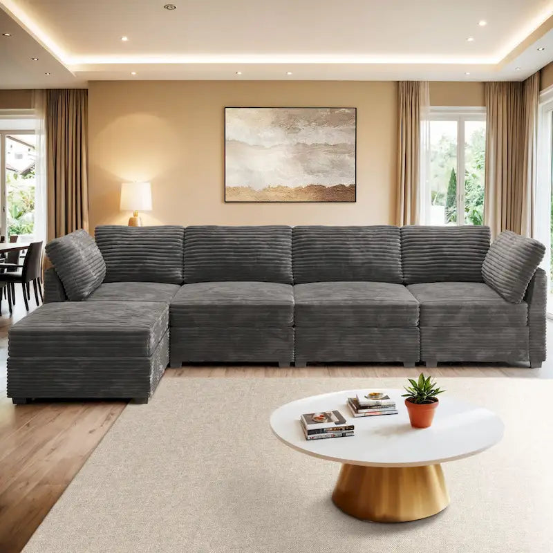 Canapé 3 places en velours gris/noir/beige à assise profonde avec ottoman