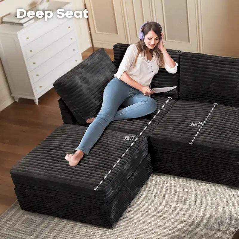 Canapé 3 places en velours gris/noir/beige à assise profonde avec ottoman