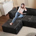 Canapé 3 places en velours gris/noir/beige à assise profonde avec ottoman
