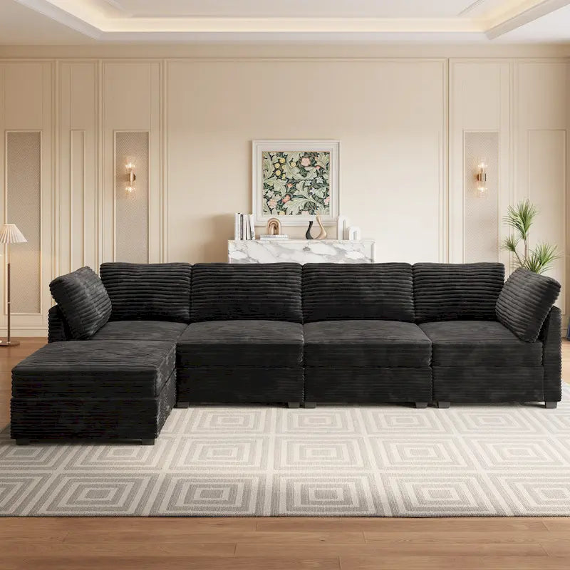 Canapé 3 places en velours gris/noir/beige à assise profonde avec ottoman