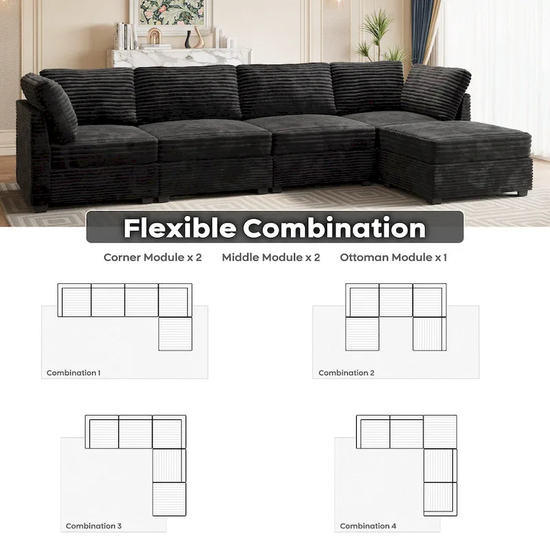 Canapé 3 places en velours gris/noir/beige à assise profonde avec ottoman