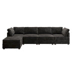 Canapé 3 places en velours gris/noir/beige à assise profonde avec ottoman