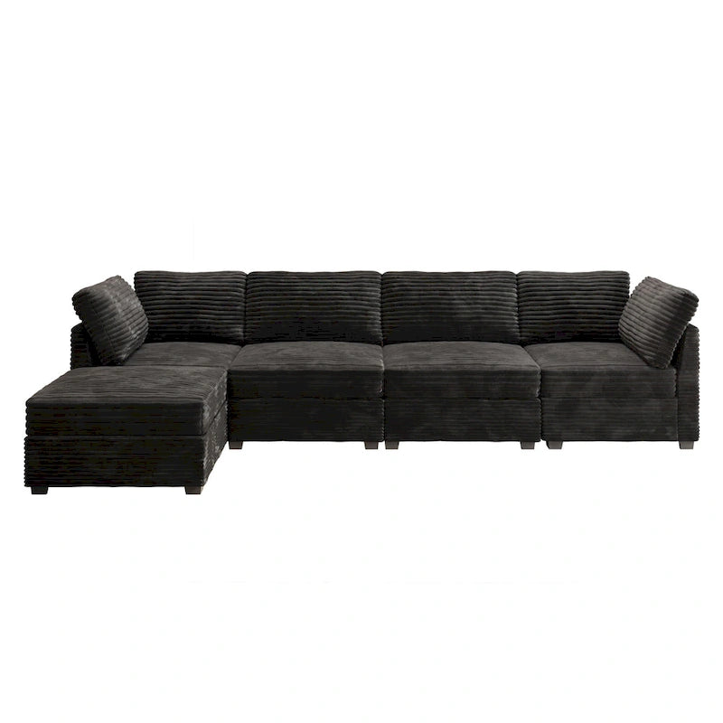 Canapé 3 places en velours gris/noir/beige à assise profonde avec ottoman