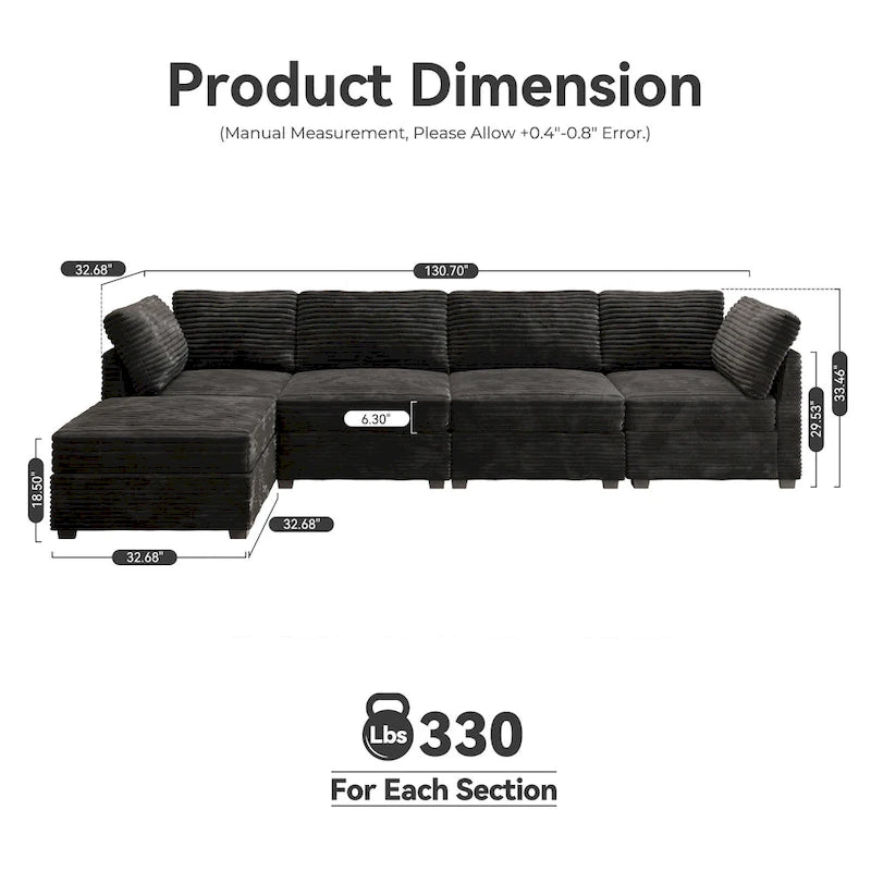 Canapé 3 places en velours gris/noir/beige à assise profonde avec ottoman
