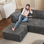 Canapé 3 places en velours gris/noir/beige à assise profonde avec ottoman