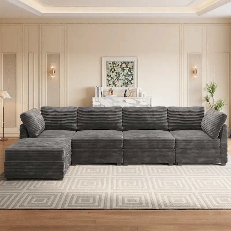 Canapé 3 places en velours gris/noir/beige à assise profonde avec ottoman