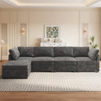 Canapé 3 places en velours gris/noir/beige à assise profonde avec ottoman