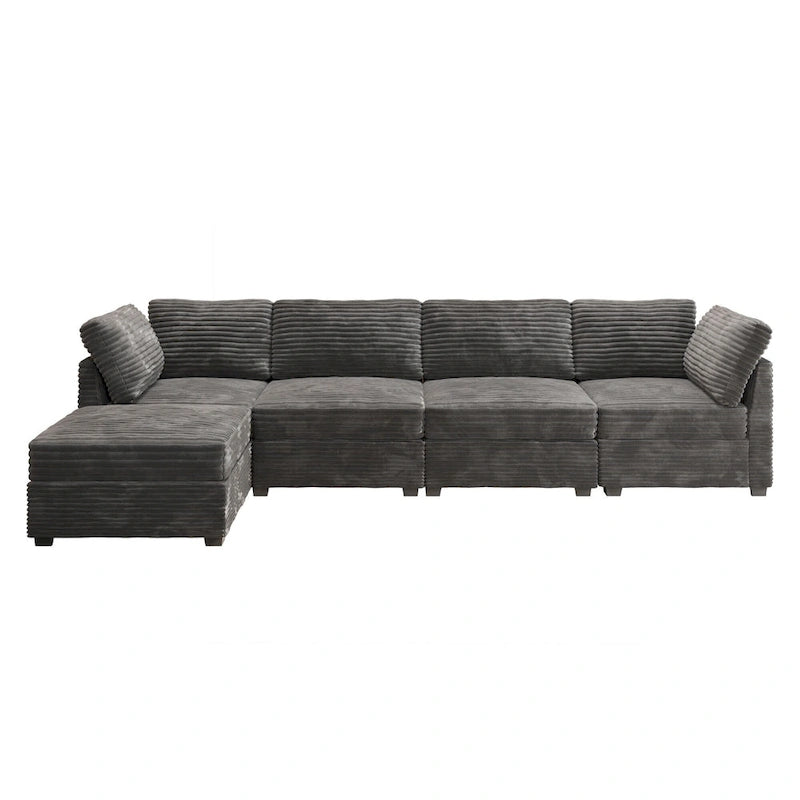 Canapé 3 places en velours gris/noir/beige à assise profonde avec ottoman