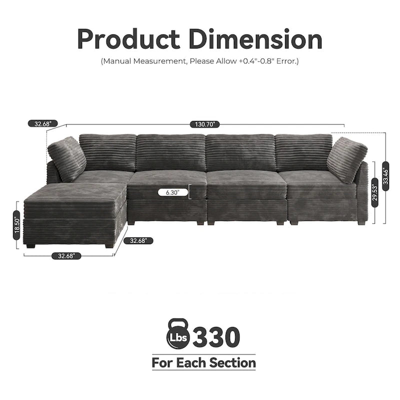 Canapé 3 places en velours gris/noir/beige à assise profonde avec ottoman